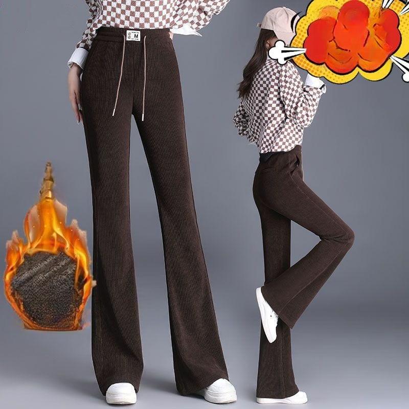 Fleece Stretched-waist Slightly Flared Pants for Women in Autumn and Winter, High-waisted, Slimming, and Drape Casual Striped Fleece Trousers