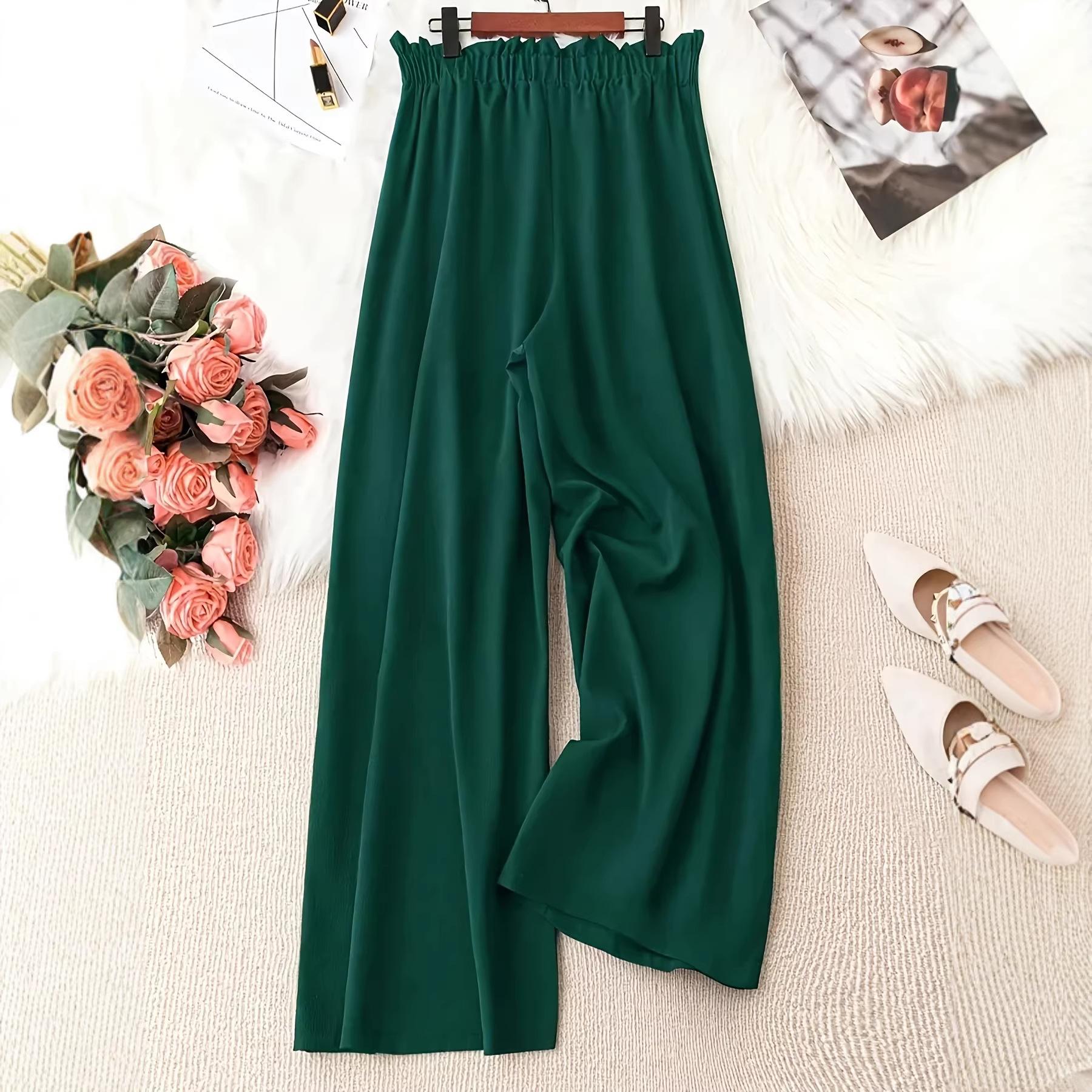 

Plus Size Women Fashion Solid Color Wide Leg Pants Female Casual Elegant Drawstring High Waisted Loose Long Trousers 5XL темно-зелений колір