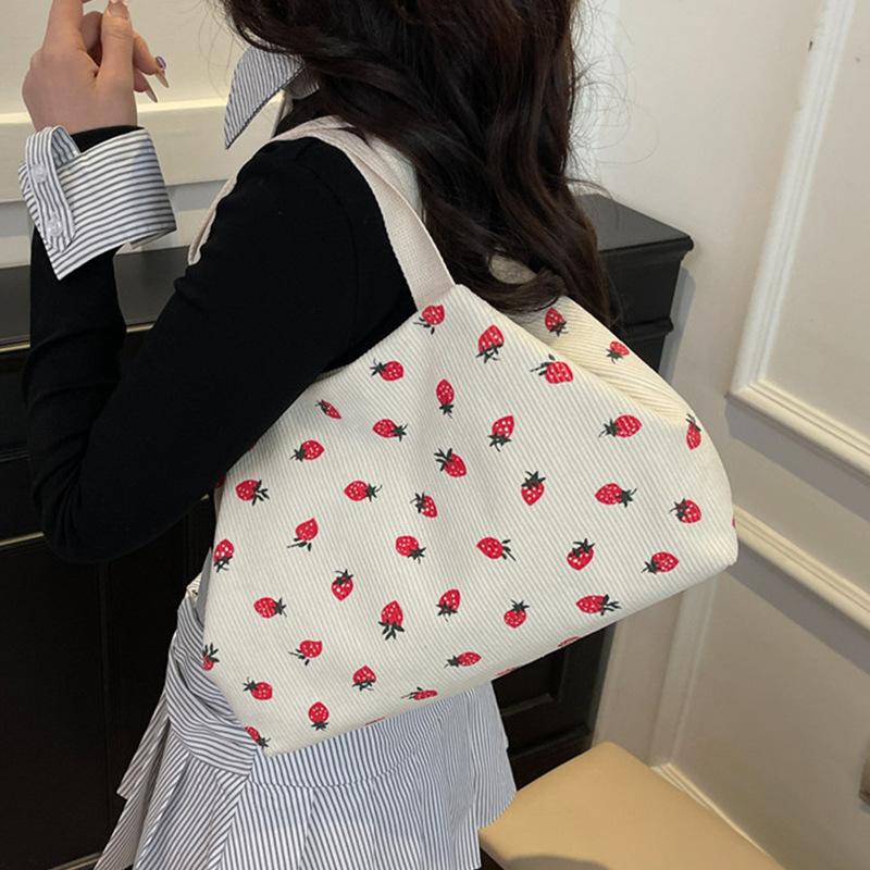 Korean New Strawberry Printed Corduroy Shoulder Bag Small Fresh Literary Tote Bag Girl Travel Shoulder Backpack
