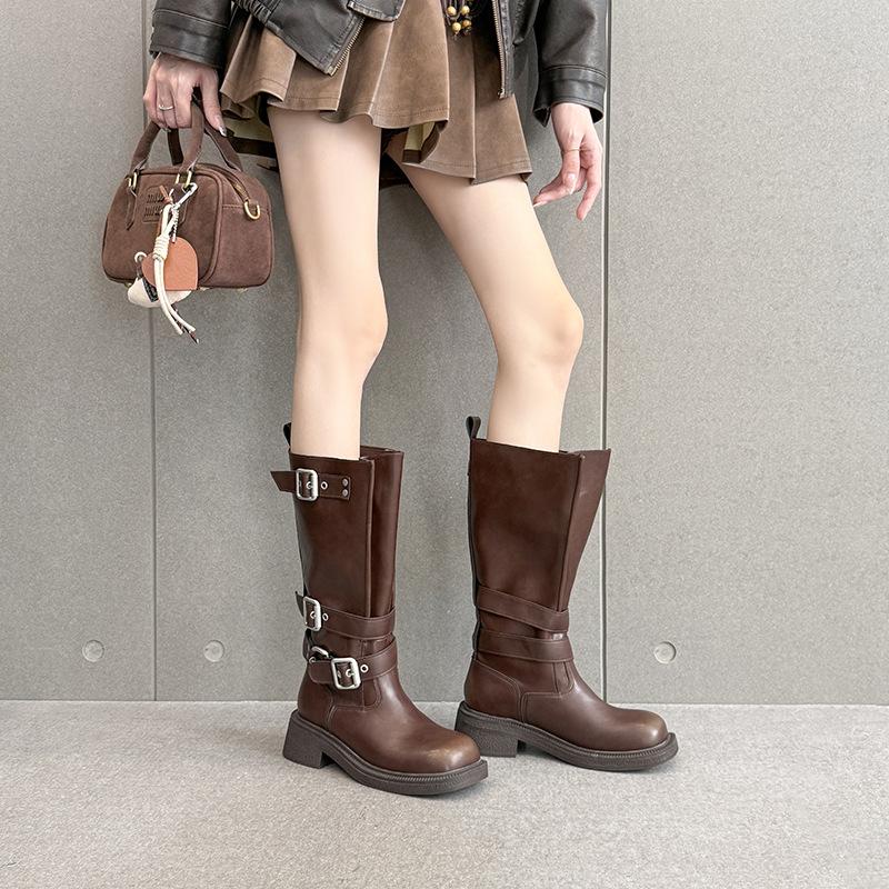 Retro Style Polished Square-Headed Knight Boots Women'S Spring Versatile But Knee-High Boots Slim Casual Boots