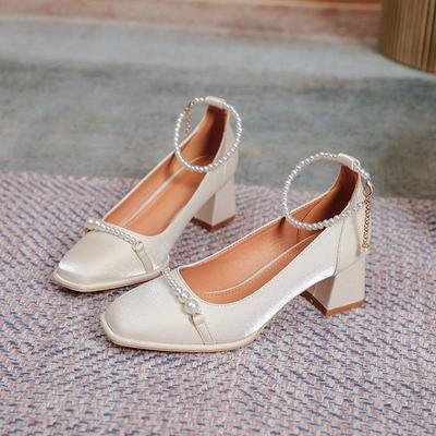 2025 New Retro Pearl Thick Heel Single Shoes Women's Shallow Mouth Pearl Belt Mary Jane Simple Square Head High Heel Single Shoes