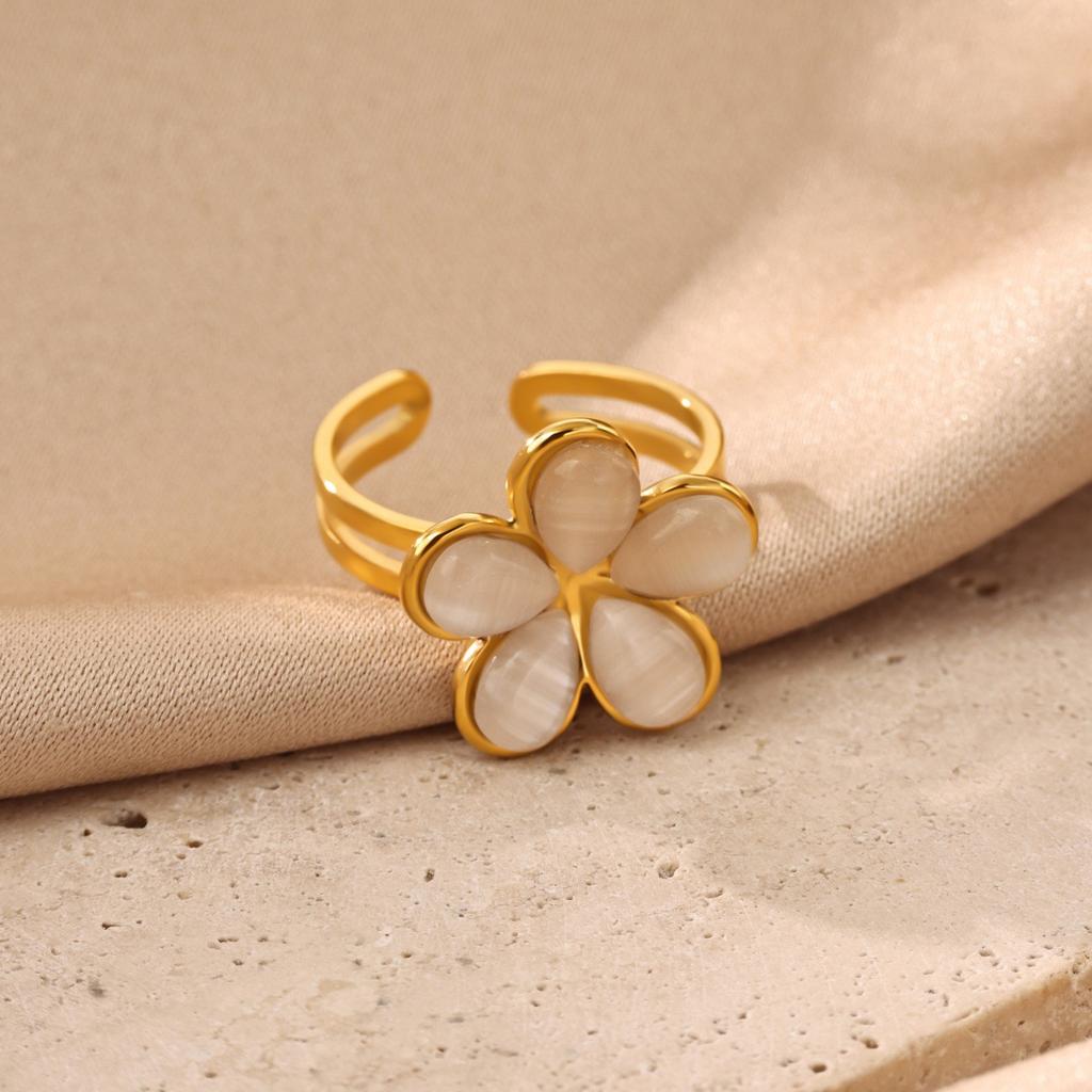 18K Gold Plated Stainless Steel Open Ring Color Flower Pattern Women Jewelry
