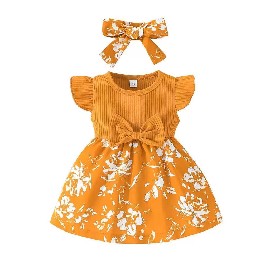 European & American Summer Baby Girl Fly Sleeve Dress with Headscarf - Patchwork Two-Piece Set