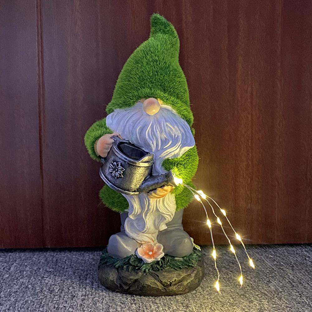 Solar Powered Dwarf Holding Kettle Figurine Resin Old Man Figurine Light Creative Mini Elephant Sculpture for Garden Yard Decor