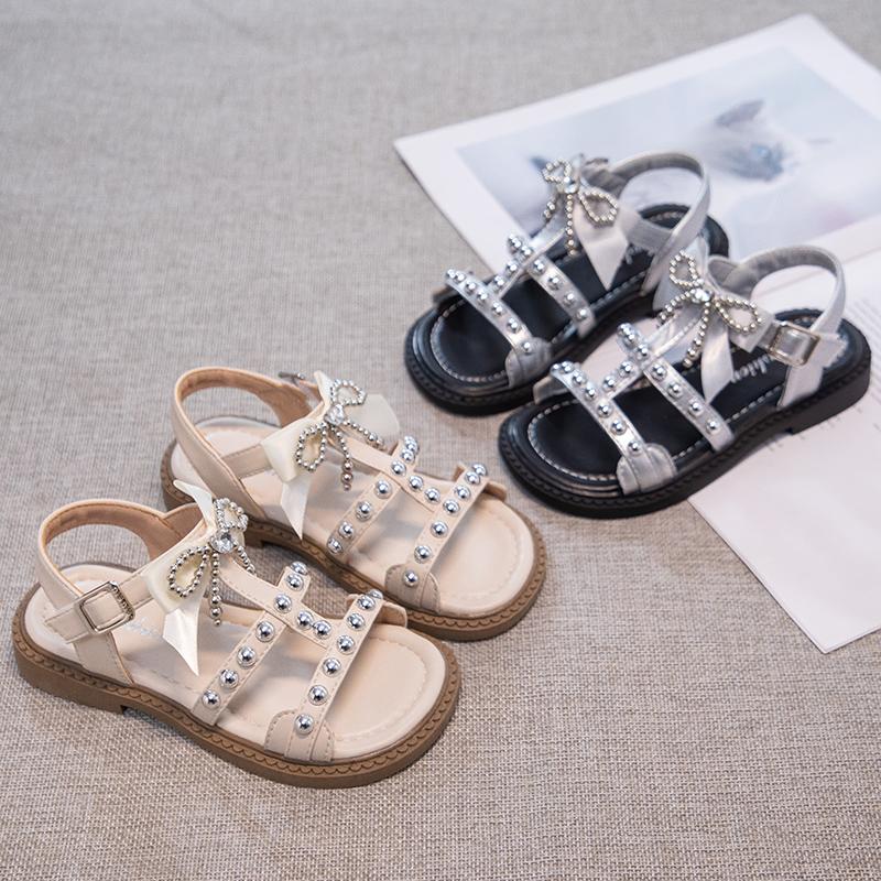 Girls Roman Sandals with Rivet Bow Kids Summer Beach Shoes Soft Sole Children Princess Dress Sandals for Party Wedding