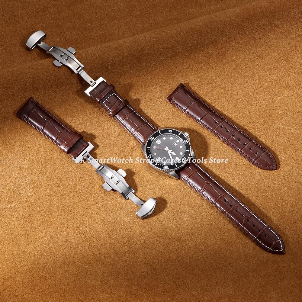 Business Casual Black Brown Genuine Calfskin Leather Watch band Strap Butterfly Buckle Crocodile Pattern Bracelet 18 20 22 24mm