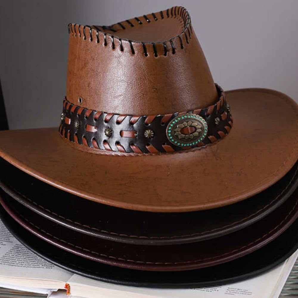 Pu Leather Cowboy Hat Lightweight Vintage Fedora Hat Wide Brim Sun Hat Adjustable For Themed Parties Hiking Music Festivals