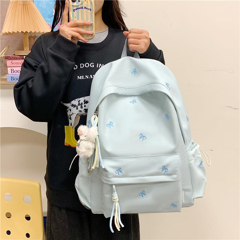 Schoolbag Girls School Bag Simple Versatile Backpack College Student Middle School Student Cute Embroidered Bow Lightweight Travel Backpack