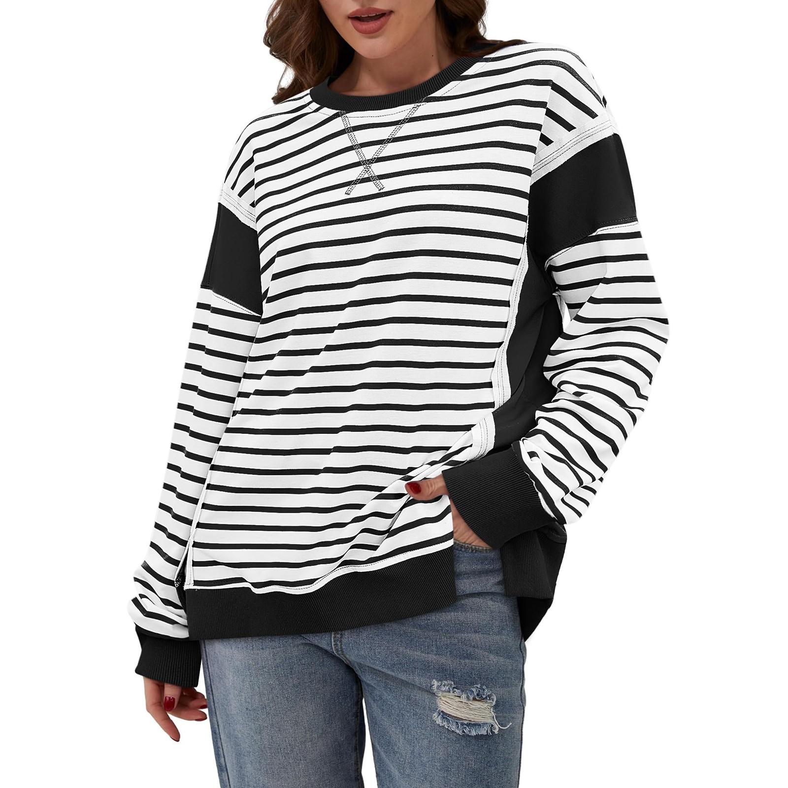 Большие толстовки для женщин свободного кроя с круглым вырезом в полоску с цветными — фото 5