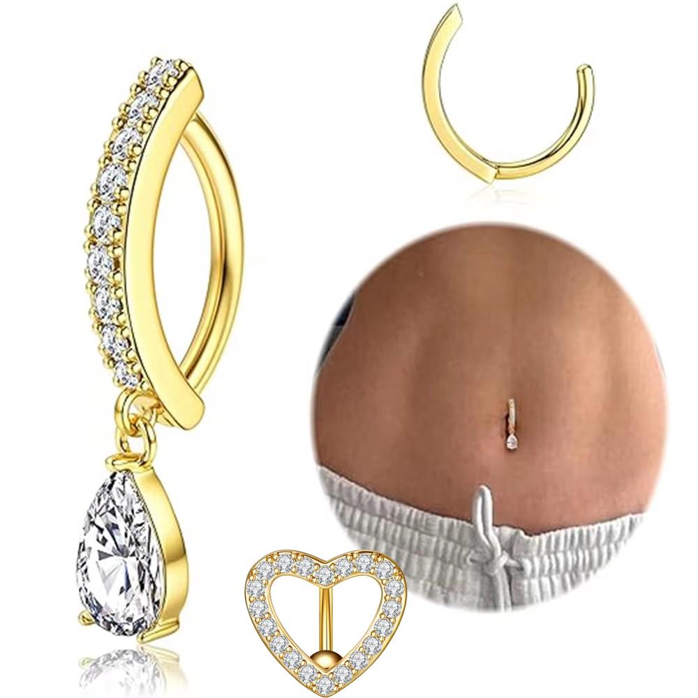 14G Curved Belly Clicker Stainless Steel Butterfly Heart Dangled Crystal CZs Belly Button Rings for Women Navel Clicker Ring