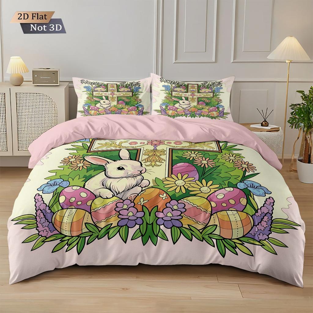 3pcs Easter Happy Flower Rabbit Print Coreless Down Duvet Cover Set Comfortable Bedroom Bedding Decoration Machine Washable