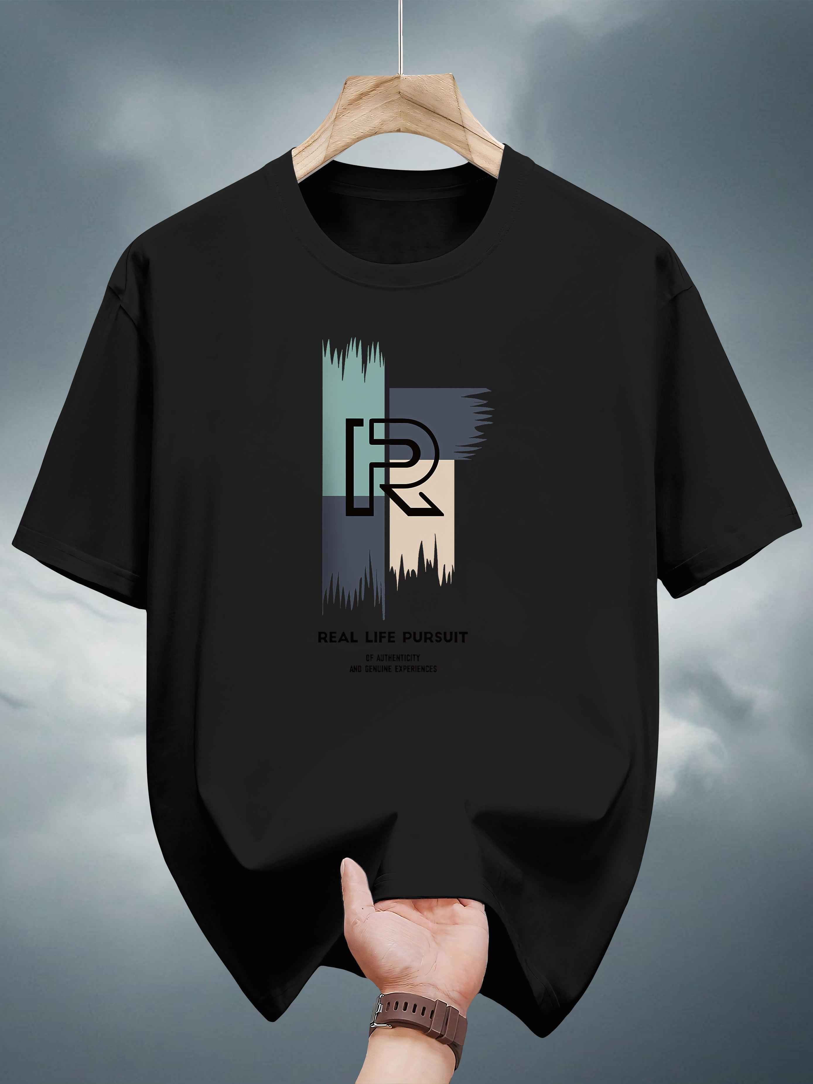 

Graphic Print Short Sleeve T-shirt - Regular Fit Casual Summer Tee with Abstract Color Block Design & REAL LIFE PURSUIT Typography L