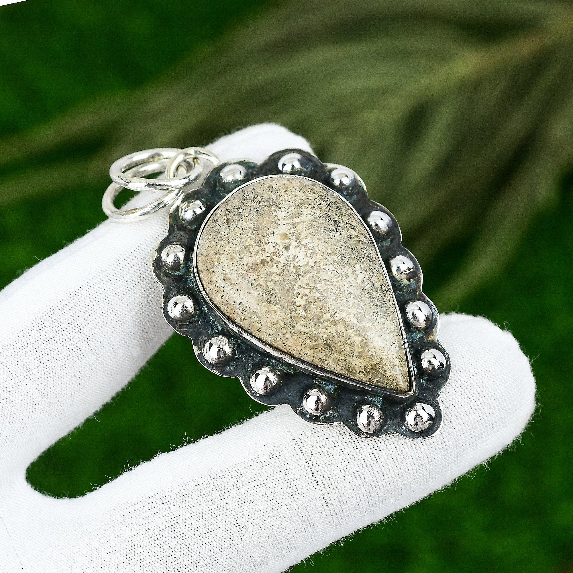

Fossil Coral Gemstone 925 Silver Art Deco Sister Root Chakra New Pendant Jewelry