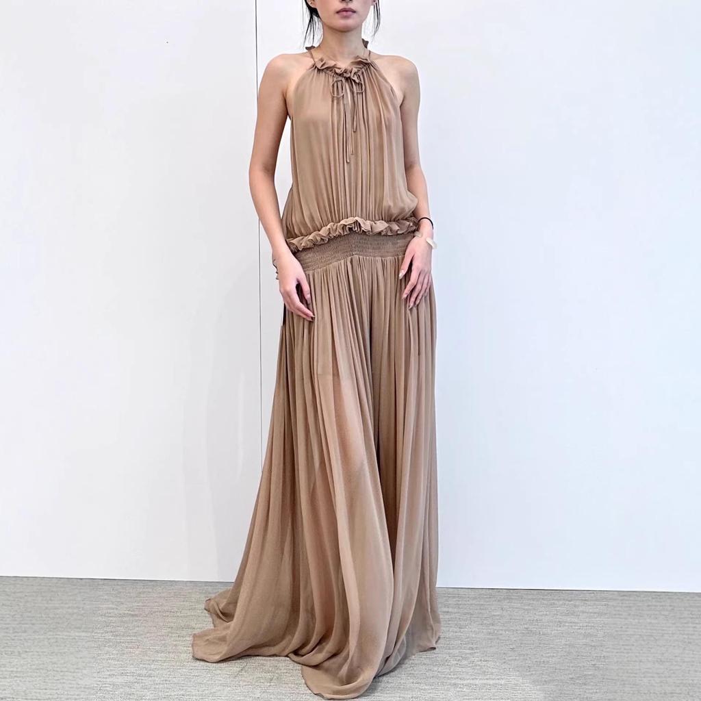 Elegant French Ruched Halter Slimming Sleeveless Long Dress for Women - Early Spring Collection