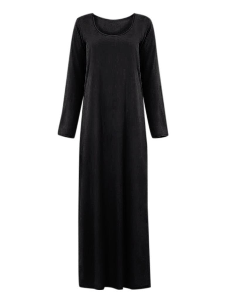Damen Unifarbene Islamische Arabische Kleider Rundhalsausschnitt Langarm Muslimische Gebets-Langgewänder Locker Basic-Kleid für Freizeitkleidung