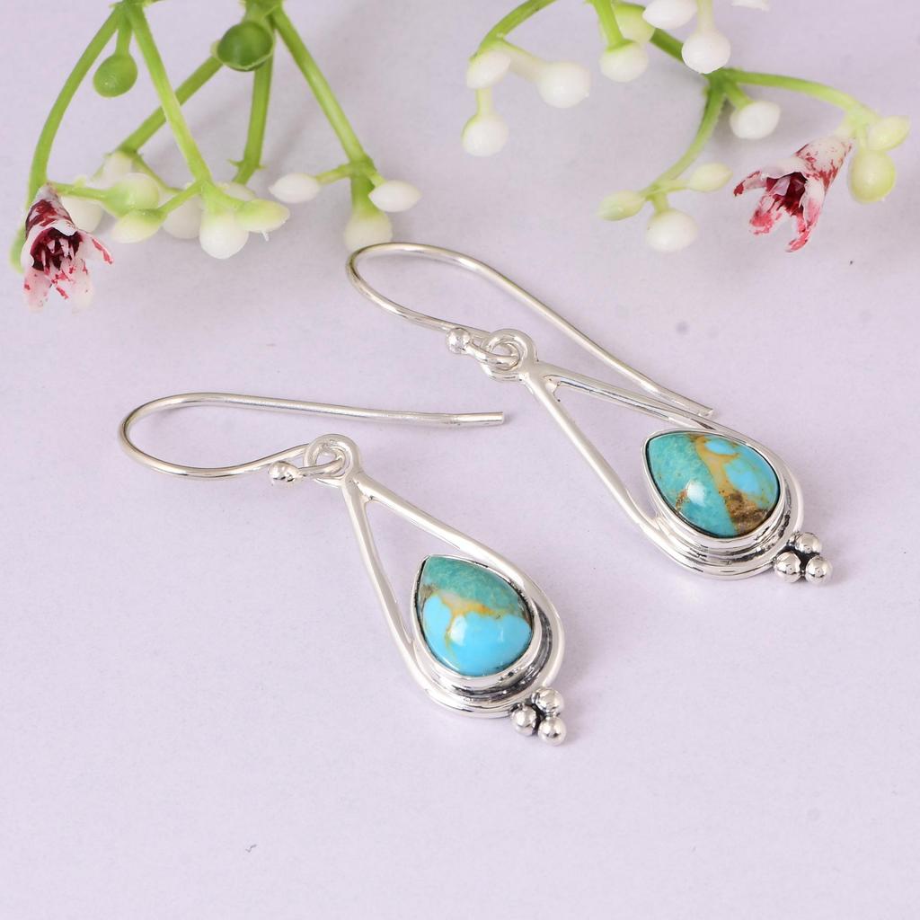 Natural Turquoise Drop Earrings 925 Silver, Pear Shape Turquoise Earrings, Handmade Gemstone Jewelry.