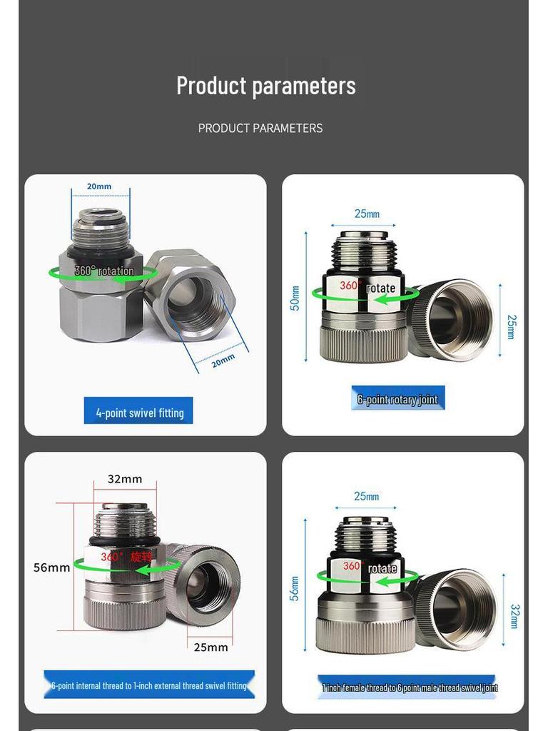 Złącze obrotowe 360° ze stali nierdzewnej i aluminium, pasuje do rur olejowych 1/2", 3/4", 1"