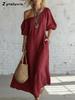 Abito Maxi alla Moda Stile Vacanza Monospalla in Lino con Maniche a Bolla Vestibilità Larga Snellente per Donna