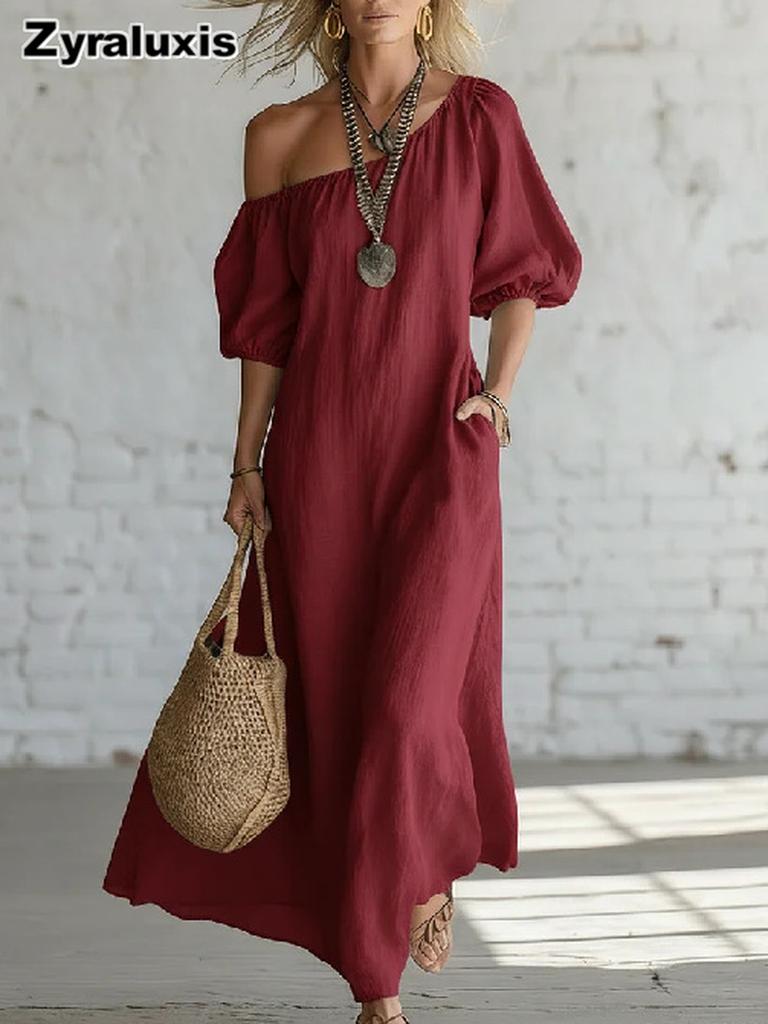 Abito Maxi alla Moda Stile Vacanza Monospalla in Lino con Maniche a Bolla Vestibilità Larga Snellente per Donna