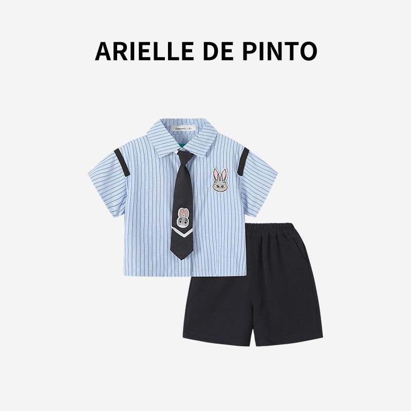 French Arielle De Pinto Boys Summer Stylish College-Style Cartoon Shirt Two-Piece Set Suit 150