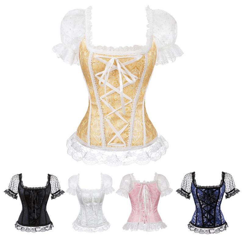Overbust Corset Bustier Top Women With off Shoulder Sleeves Plus Size Burlesque Costume Hollow Mesh Floral Sexy Corselet