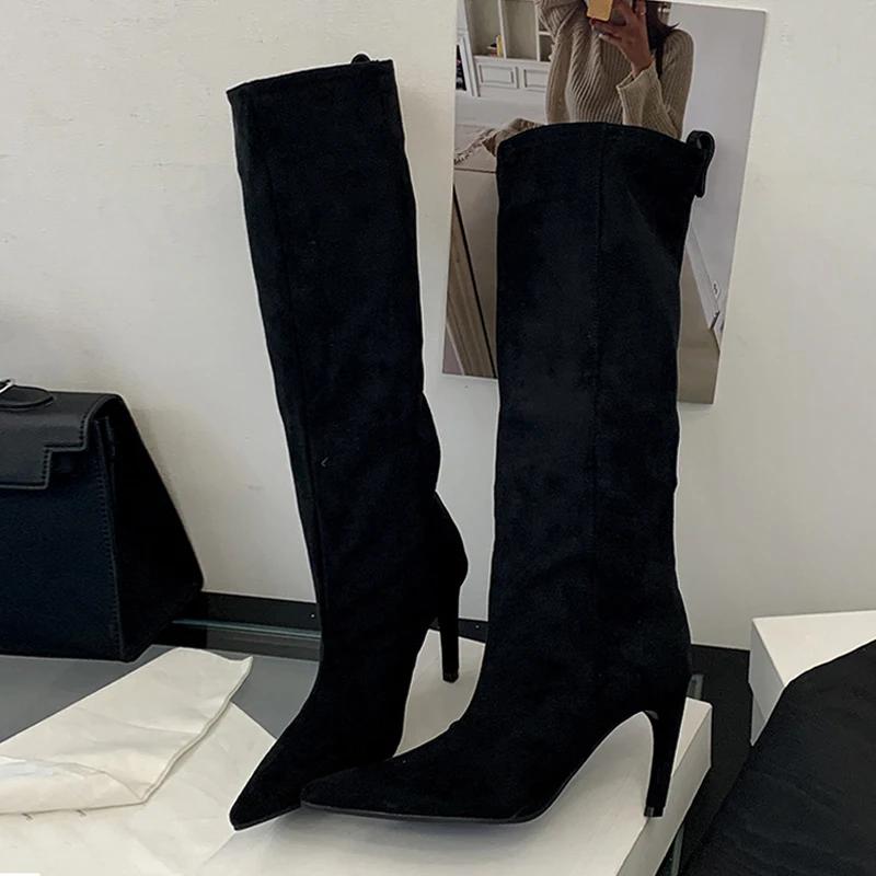 

Autumn Winter Fashion Slim Knee High Boots Women Sexy Pointed Toe Low Thin Heel Shoes Female Long Booties 40