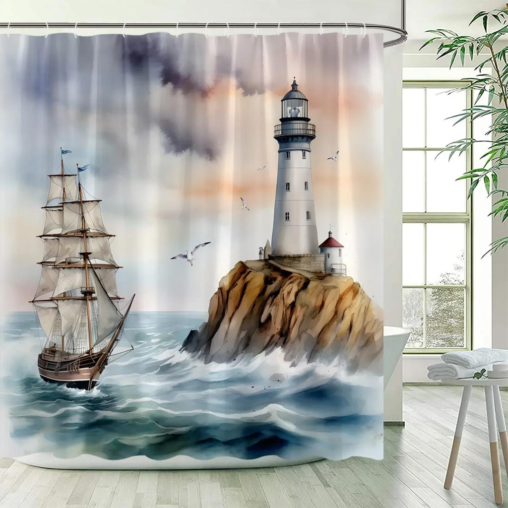 Sea Waves Nautical Shower Curtains Island Lighthouse Sailboat Ocean Landscape Bath Curtain Polyester Bathroom Decor with Hooks
