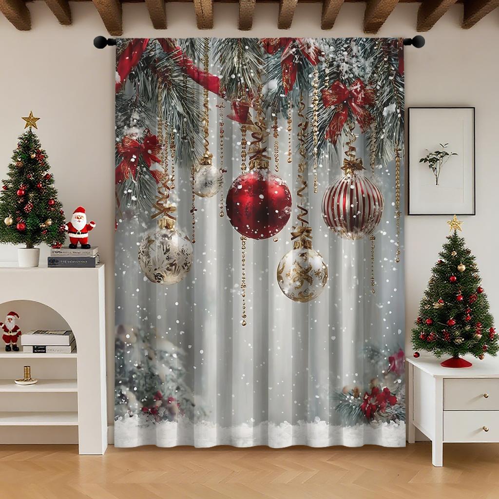 Single Panel Christmas Snowflake Ball Decorative Curtain Home Living Room Bedroom Office Party Daily Decoration Light Blocking For Area Polyester