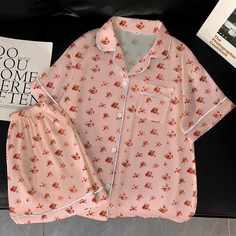 Sweet Girl Pink Small Floral Pajamas Women'S Summer Ice Silk High-Value Short-Sleeved Silk Loungewear Suit