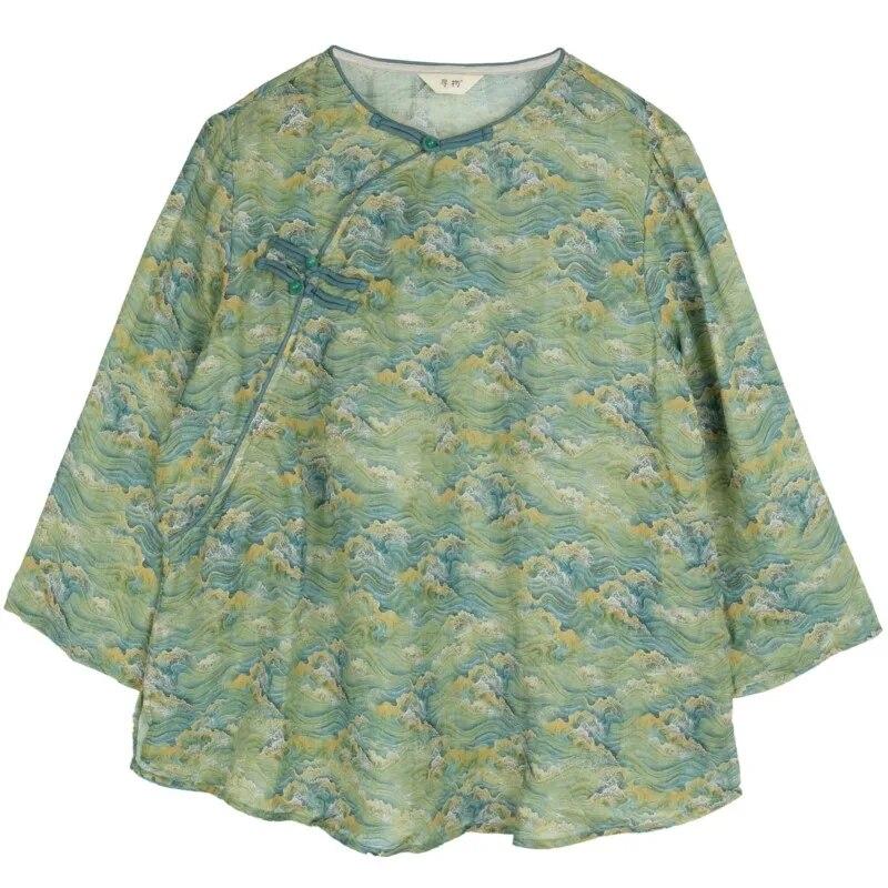 Johnature Women Chinese Style T-Shirts Spring Print Floral Seven Sleeve Loose Button Women Vintage T-Shirts