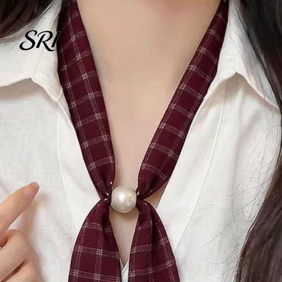 Satin Neck Scarf Women Imitation Pearl Buckle One-Piece Design Lightweight Chiffon Breathable Summer French Retro Black White Dot Collar Decorative