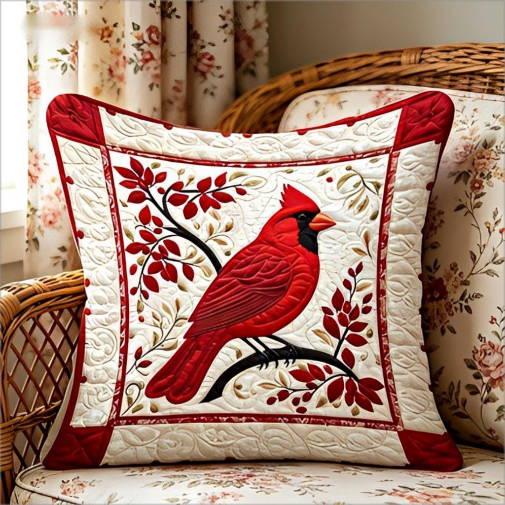 2D Quilted Red Cardinal Bird Throw Pillow Cover Floral Patchwork Decorative Cushion Case For Luxury Home Decor Gift