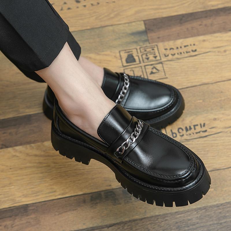Fashion Spring Thick Sole Leather Shoes Metal Chain Loafers Round Head High Quality Slip-ons Business Formal Shoes Male Casual Moccasins