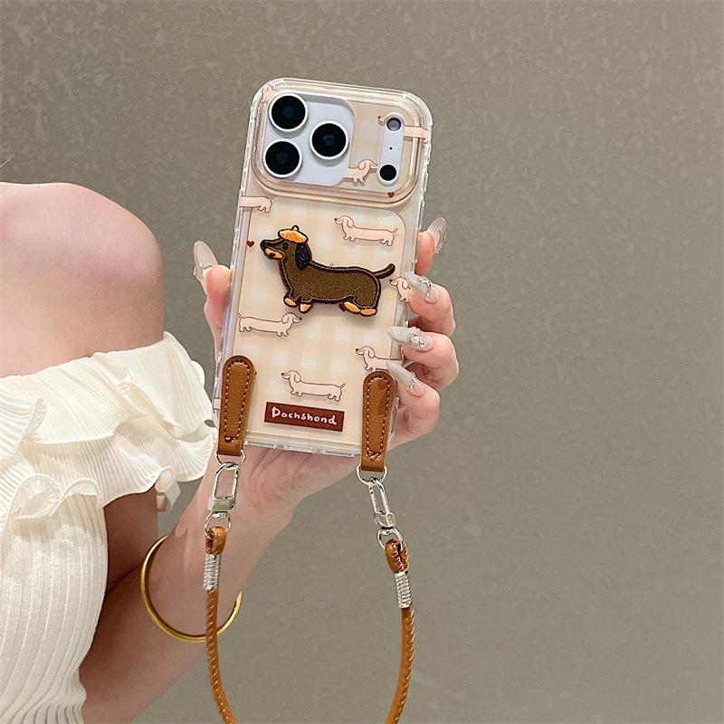 Plaid Embroidered Dachshund Phone Case with Hand Strap for iPhone 17/16 Pro Max/15/14