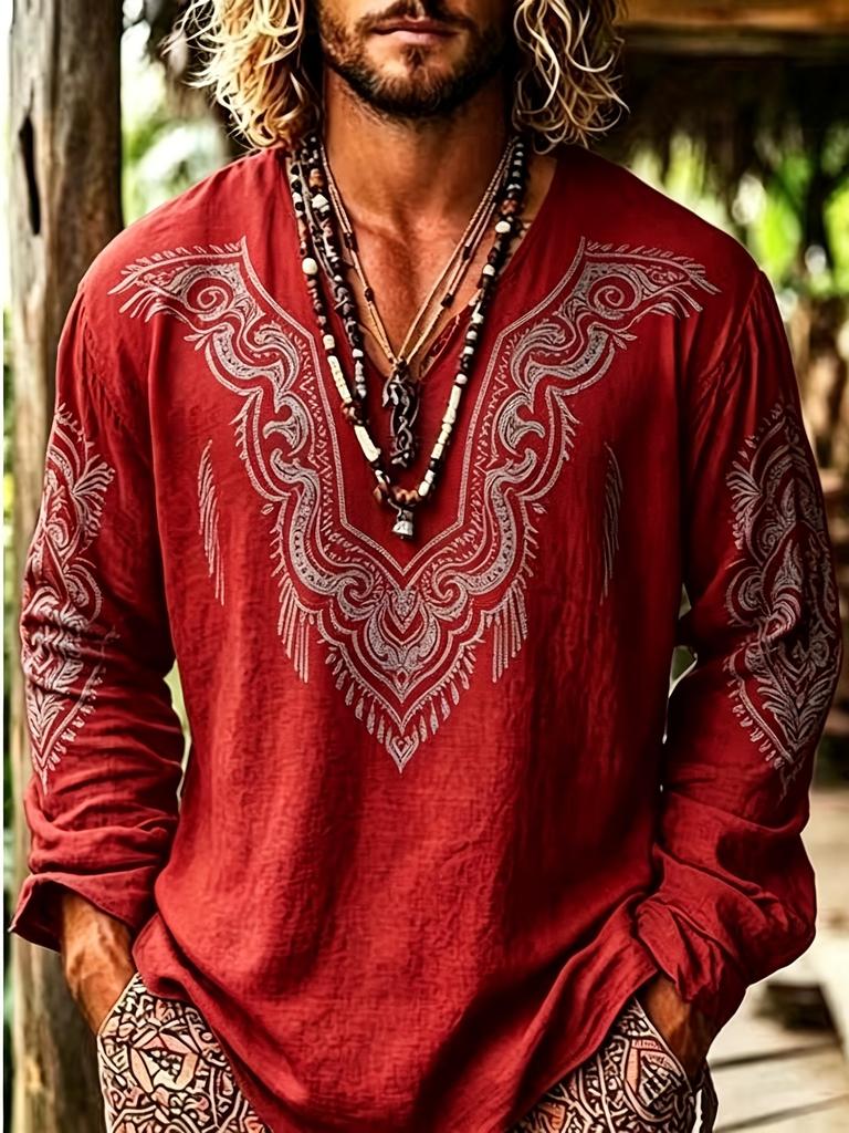 Plus size men's bohemian resort style V-neck long-sleeved shirt trendy geometric print skin-friendly textured fabric
