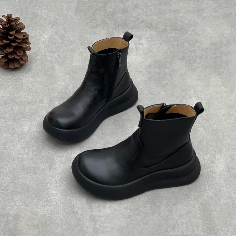 Johnature Soft Cowhide Thick Soled Women's Boots Genuine Leather Round Toe Versatile Retro Short Boots