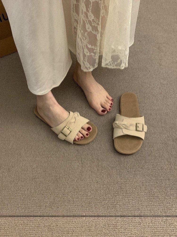 

Ретро шлепанцы с открытым носком на одно слово для женщин, новые шлепанцы на плоской подошве, полуносок, нишевые, крутые 35 абрикосовый