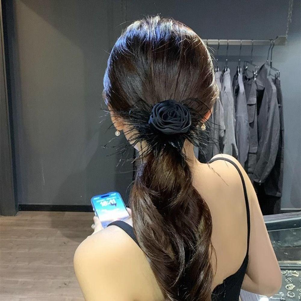 Korean Style Silk Satin Hair Rope Feather Elastic Hair Band Vintage Rose Flower Hair Rope  Girl