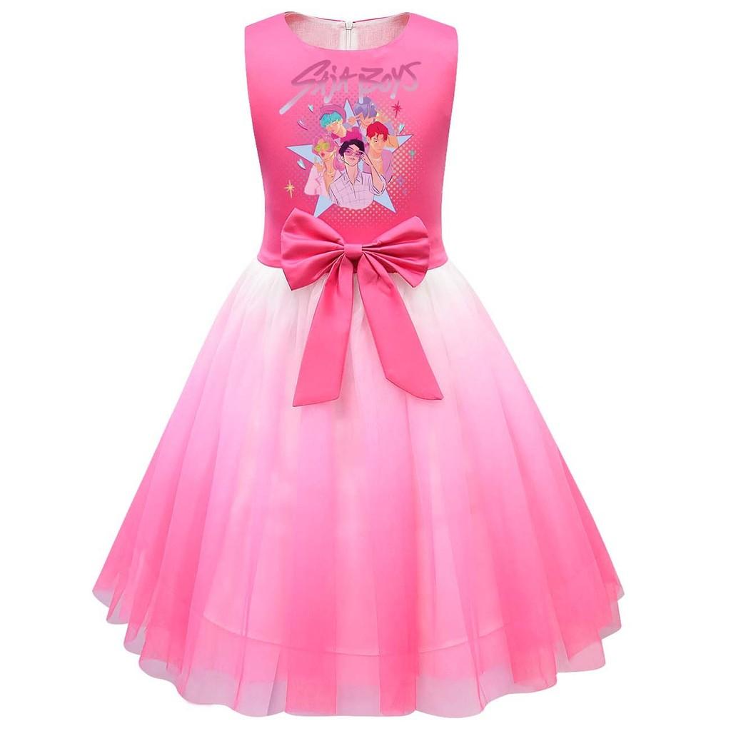 Kinder Mädchen Prinzessin K-POP Rumi Zoey Mira Print Schleife Ärmellos Mesh Tutu Kleid