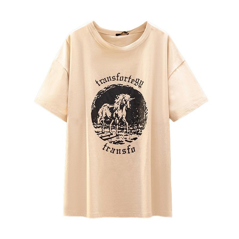 Plate-size Women's Mid-length Split Short-sleeved T-shirt with Printed Summer Versatile Tops