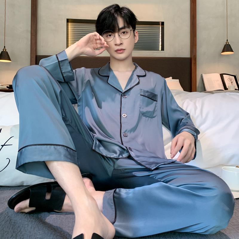 Pajamas Men's Spring Summer Summer Long Sleeve Silk Ice Silk Homewear Spring Autumn Thin Simulation Silk Satin Set