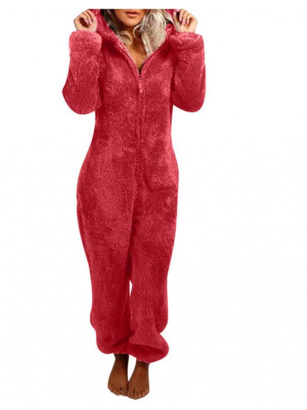2024 Trendy Europese & Amerikaanse Fleece-Gevoerde Hooded Jumpsuit Pyjama voor Dames