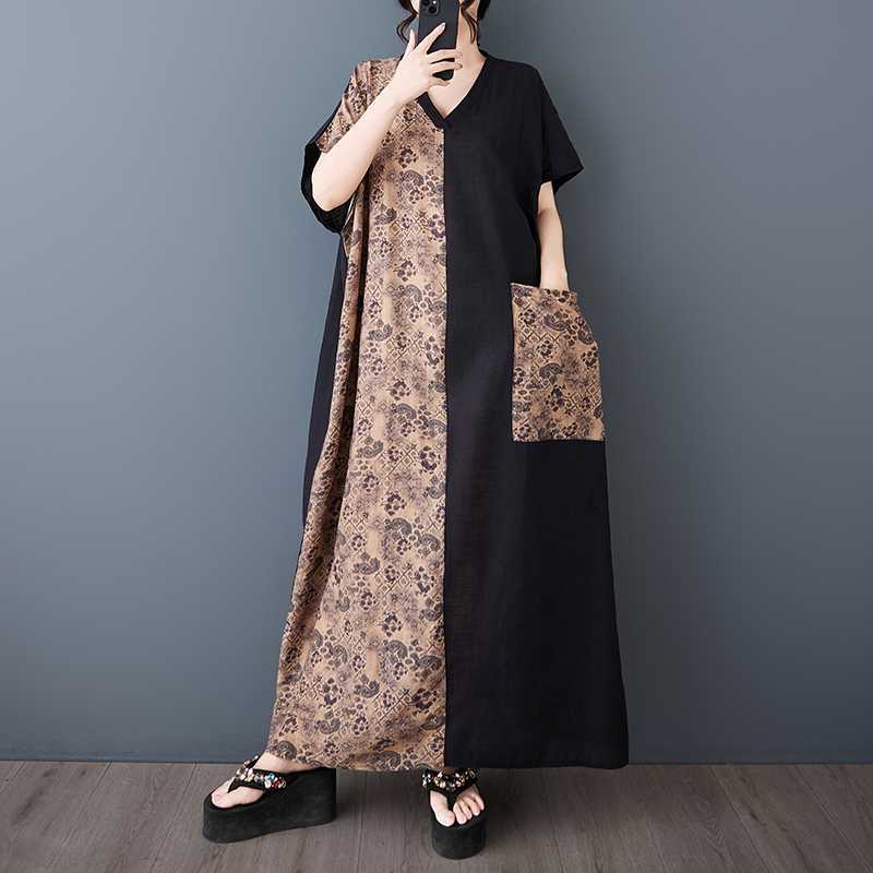 

Women s Retro Slimming Short Sleeved Color Blocked Ultra Long Dress One size