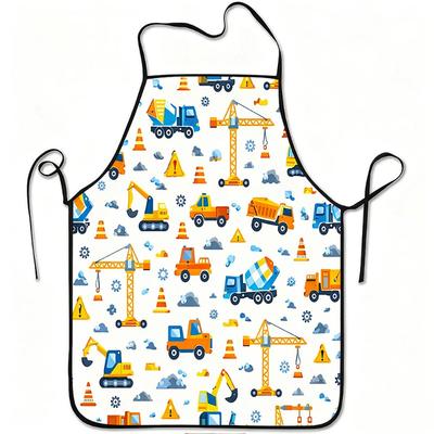 1pc Engineering Vehicle Printed Apron (Featuring Truck, Crane, Excavator Patterns), Durable And Easy To Clean, Adjustable Waistband, Polyester Materia