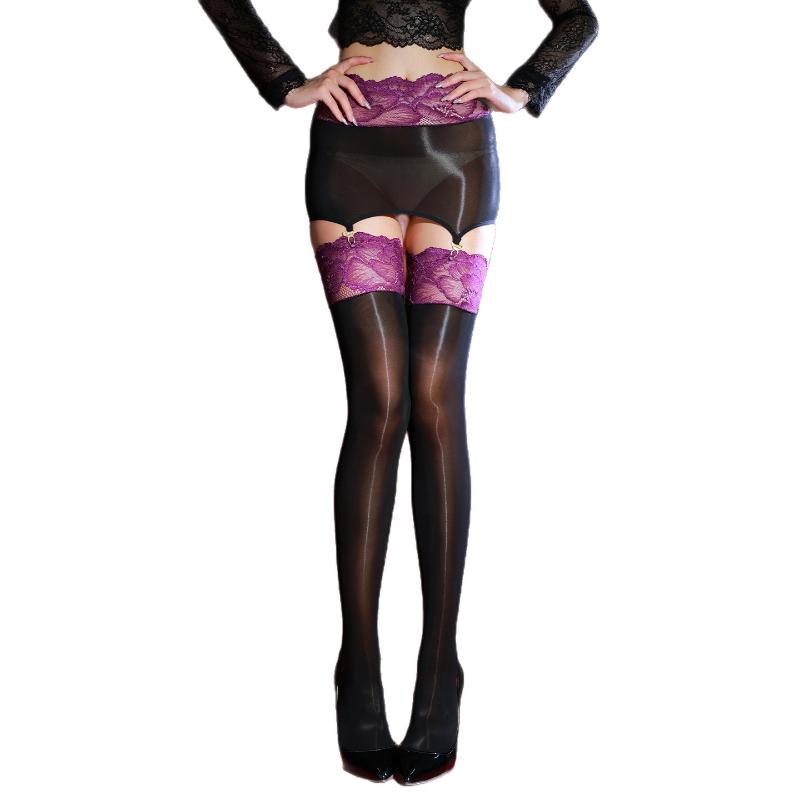 Women Pantyhose With Wrap Hip Skirt Oil Shiny Glossy Stockings High Waist Transparent Hollow Lace Knee Long Tube Pantyhoses
