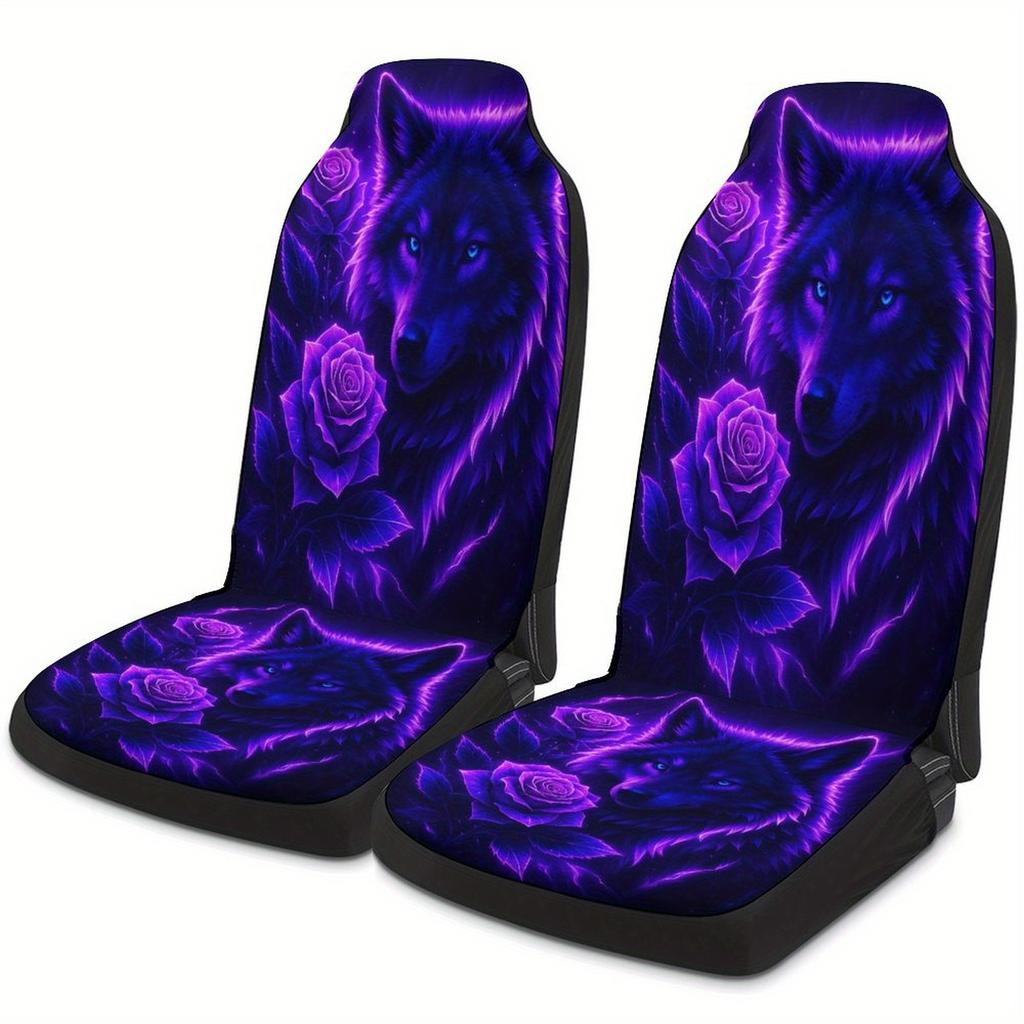 Purple Wolf Roses Designed Car Seat Cover Set For Most Cars - High-quality Comfortable Full Set Protector Covers For 2 Front Sea