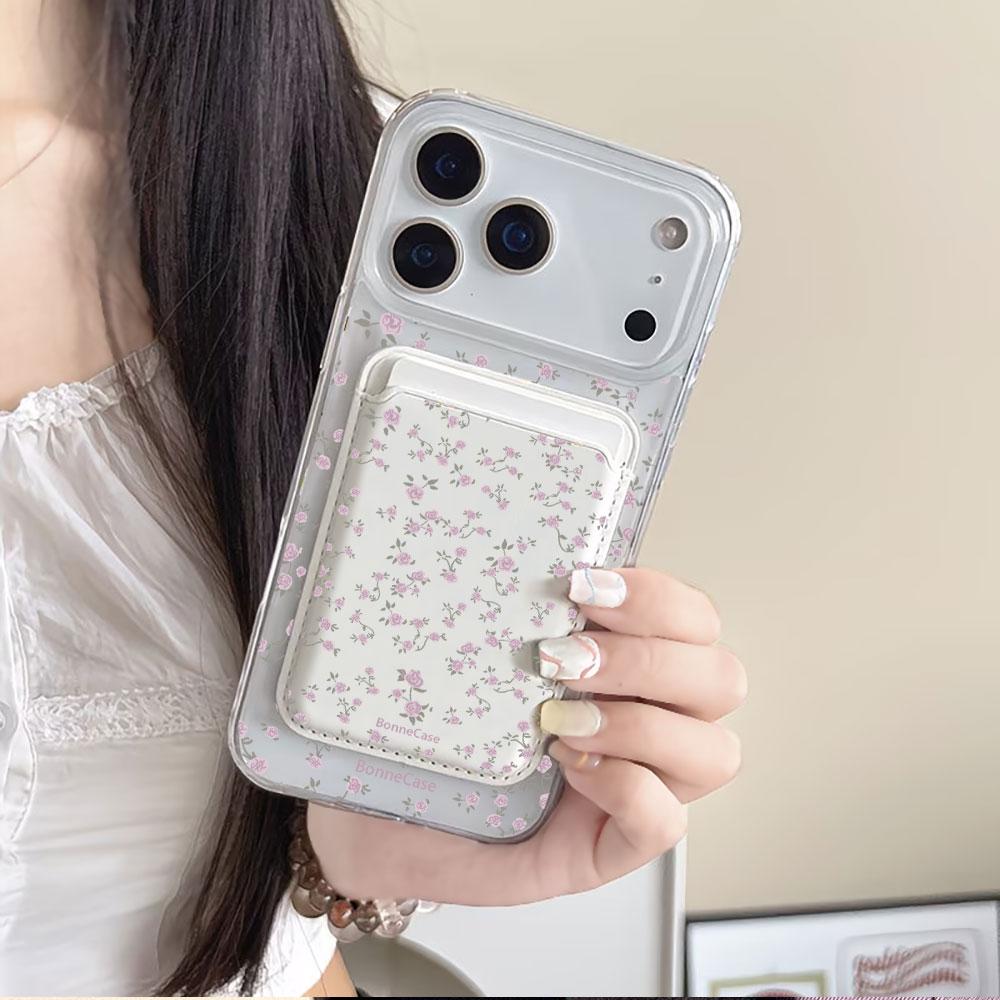 Full screen Pink Floral fragments For Magsafe wallet Magnetic Card holder Phone Case For iPhone 16 13 15 14 17 Pro Max 16E Cover