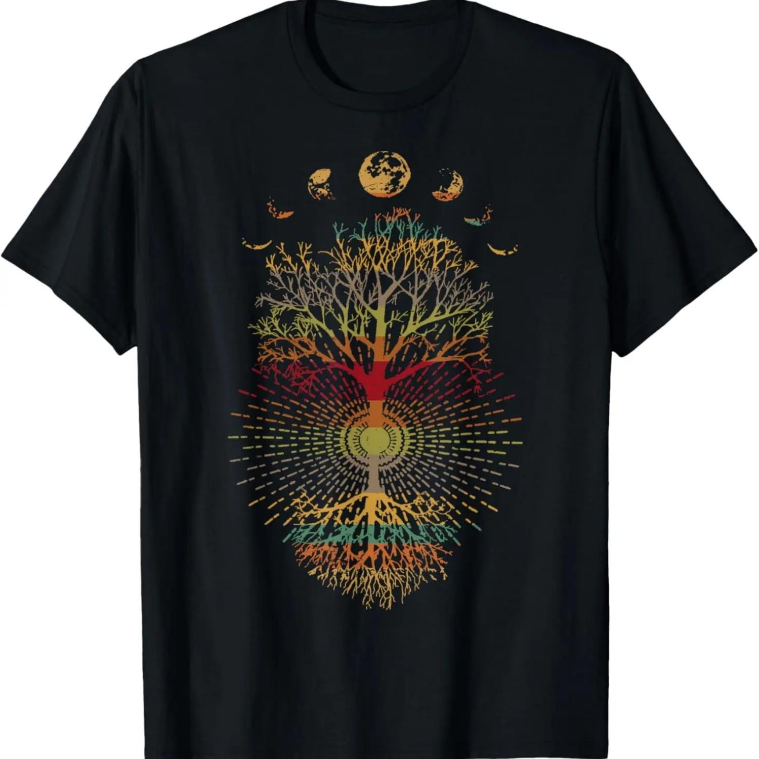 Men Women T-shirts Phases of The Moon Retro 60 s 70 s Vibe Tree of Life T-Shirt S чёрный