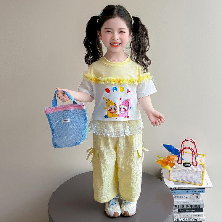 Girls  Cartoon Lace Short-Sleeve Overalls Set - Stylish Summer Two-Piece 130 cm жёлтый