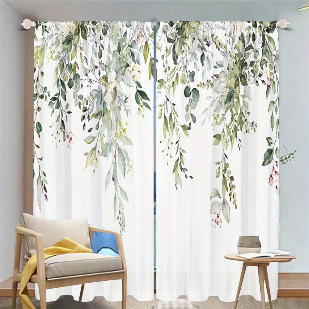 2pcs Watercolor Willow Leaf Curtains - HD Spring Green Leaf Print, Polyester, Suitable for Living Room and Bedroom